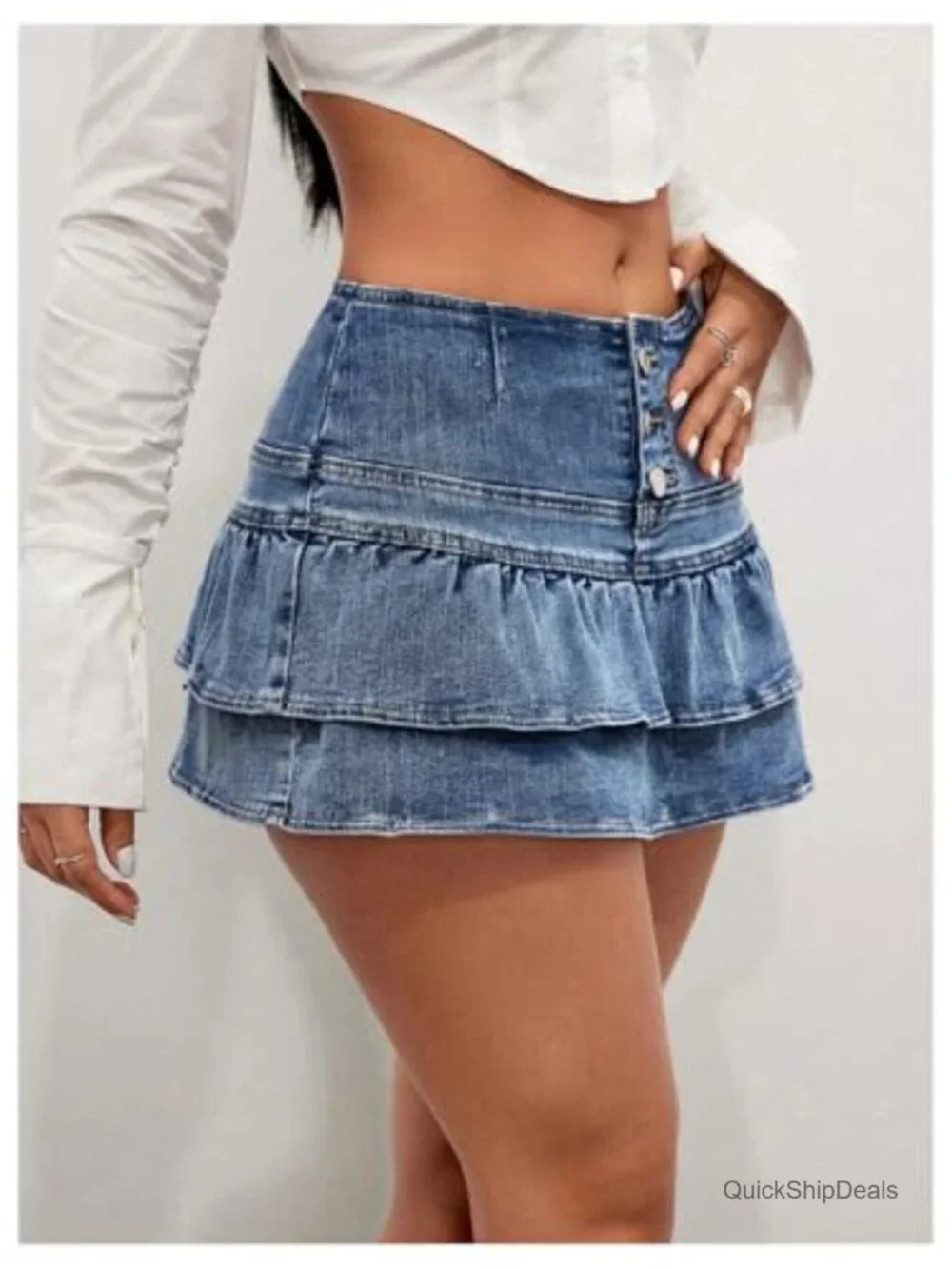 High Waist Button Up Ruffle Denim Mini Skort with Shorts